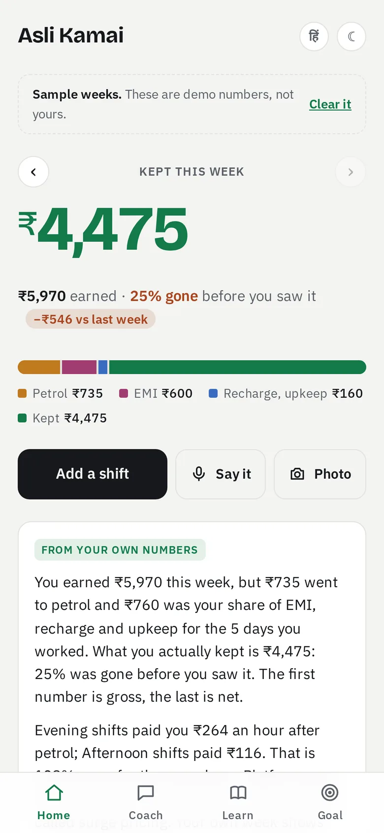 Asli Kamai home screen: 4,475 rupees kept this week out of 5,970 earned, with petrol, EMI and recharge shown as parts of one bar.